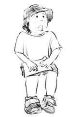 椅子やベンチに座る子のモノクロ線画イラスト