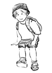 靴を履く椅子やベンチに座る子のモノクロ線画イラスト