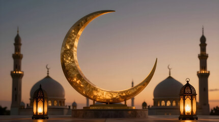 Fototapeta premium A large golden crescent moon sculpture stands in front of a mosque at sunset