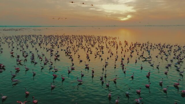 Aerial view of a flamboyance of flamingos wading in shallow waters under a vibrant sky, creating a breathtaking spectacle, Sambhar, Rajasthan, India.