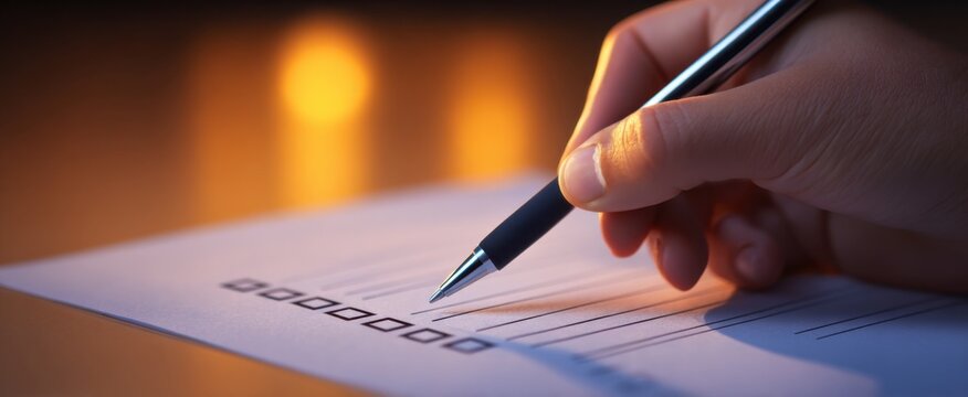 Focused hand ticking boxes on a report radiating precision and dedication in a corporate environment