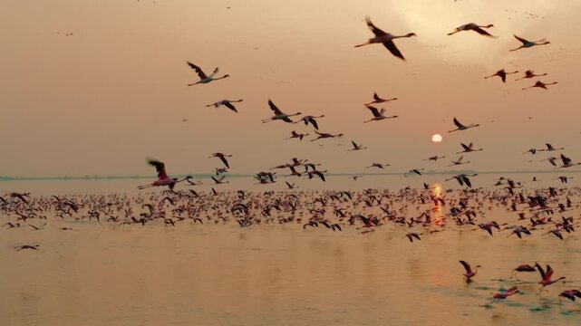 Aerial view of a large flock of flamingos in flight with the sun rising, creating a warm golden hue across the water and sky, Sambhar, Rajasthan, India.