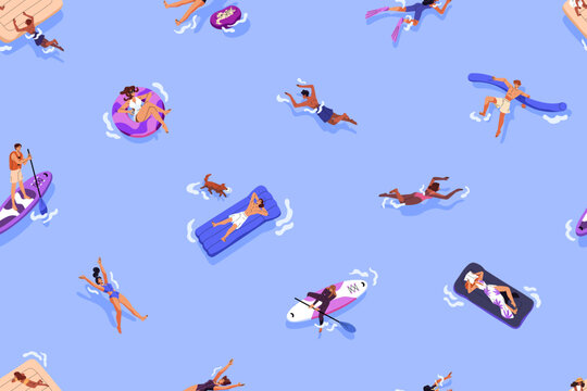 Repeatable pattern of people swimming in water from top view. Endless background of tourists floating on inflatable circles, pool rafts on sea on summer holidays. Flat seamless vector illustration