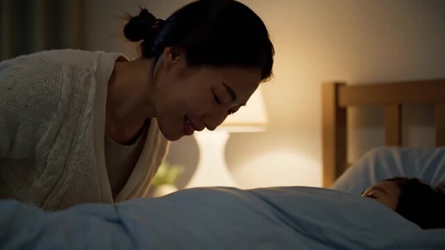 Mother Checking on Sleeping Child at Night.