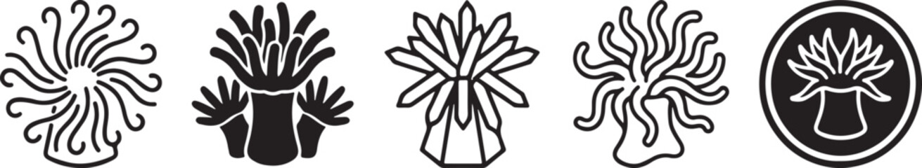 Obraz premium Five abstract black and white icons displayed in a row, featuring intricate designs and varying styles. Vector