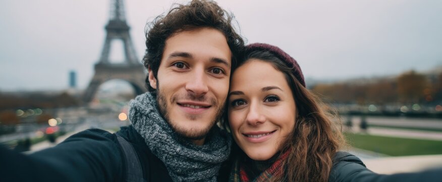 Joyful couple capturing a delightful selfie in front of the Eiffel Tower travel memories