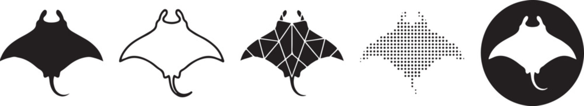 A collection of minimalist black and white icons showing different design styles of a manta ray Vector