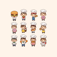 Cute Cartoon Chef Characters Holding Various Food Items