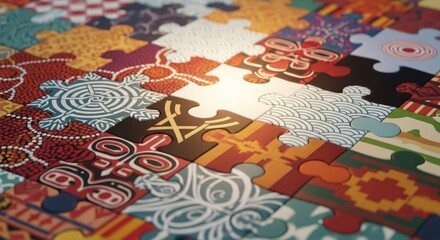 Naklejka premium Intricate puzzle pieces with diverse patterns fit together, symbolizing connection and unity.