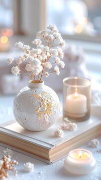 A white vase with gypsophila rests on a book next to a burning candle. A bright interior, soft bokeh, stones, and petals. The aesthetics of coziness, tranquility, and purity. A winter morning, hygge a