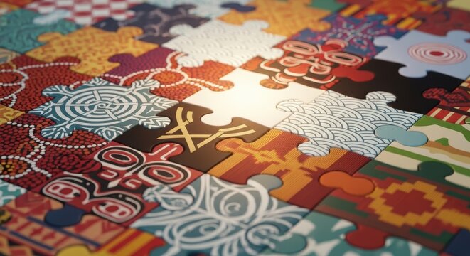 Intricate puzzle pieces with diverse patterns fit together, symbolizing connection and unity.
