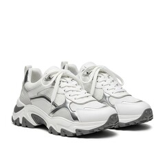 A pair of white sneakers with gray accents on a plain background