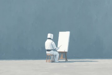 A man sitting on a bench with a white chair