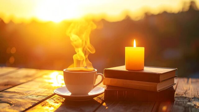 Steaming cup of tea beside a stack of books and a glowing candle on wooden table at golden sunset, evoking calm mindfulness, relaxation, and peaceful self-care moments in warm evening light