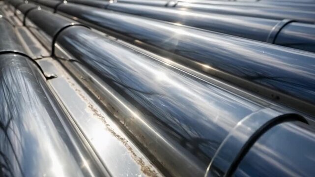 Reflective metallic pipelines arranged in parallel under clear sky during daytime