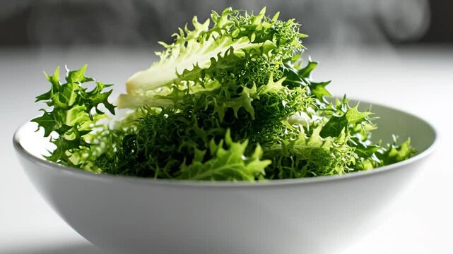 Fresh frisee lettuce being dropped into a white bowl in a bright kitchen setting, ready for a salad