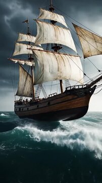 A majestic old sailing ship navi through turbulent ocean waves under a dramatic