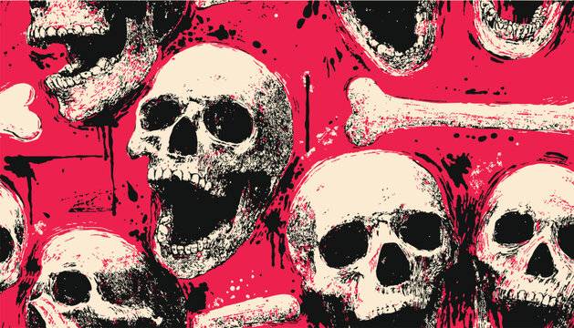 Red background with skulls, vector art.