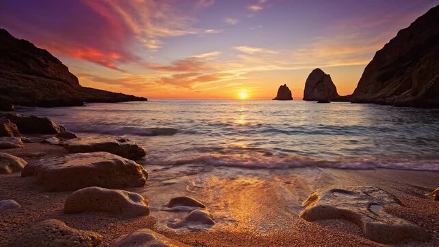 Vibrant sunset paints the sky over a serene y beach with ocean waves