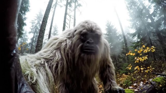 Intense close-up of a Yeti in the misty forest, showcasing a hairy cryptid creature near a fallen tree and autumn foliage