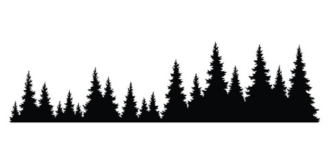 Fir trees silhouette. Coniferous spruce horizontal background pattern, black evergreen woods vector illustration. Beautiful hand drawn panorama of coniferous forest © designer_things