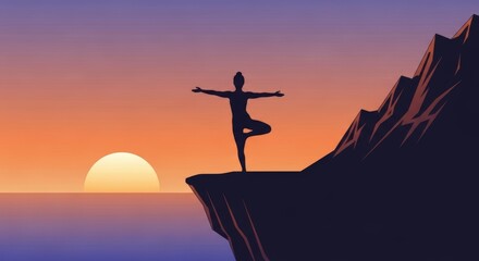 Serene silhouette of a person practicing yoga on a cliff edge at sunrise, embracing peace and balance.