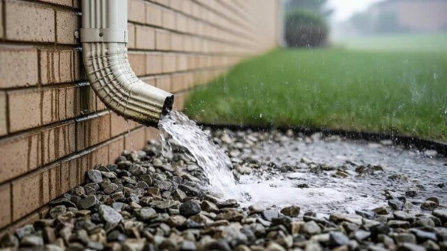 Rainwater Flow From Drain Pipe Onto Gravel Ground Near House Wall In Heavy Rain