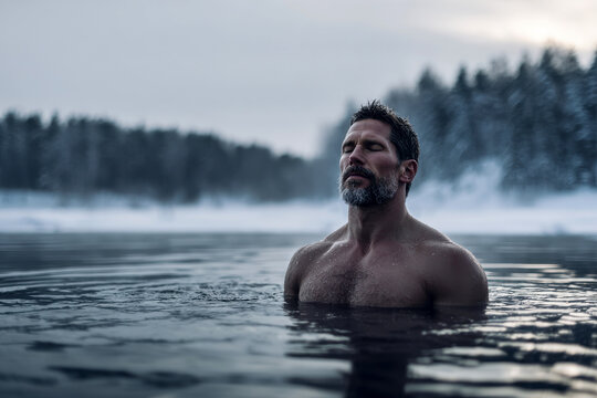 A man immerses himself in freezing ice water with closed eyes, representing a modern man mental reset through cold therapy and extreme willpower.