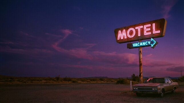 Glowing neon motel vacancy sign at dusk with an antique car in the foreground. Retro travel and road trip concept for vintage design