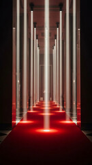 Naklejka premium Red carpet hallway with illuminated pillars and dramatic lighting 
