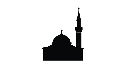 Mosque Silhouette with Minaret and Dome on White Background