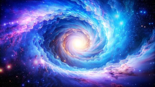 cosmic vortex swirling with brilliant blue and violet nebula clouds, radiating energy and light, surrounded by countless stars in a breathtaking deep-space scene, abstract background with space