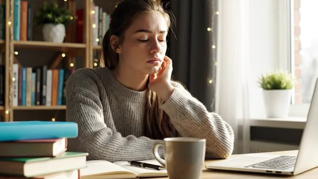 Exhausted young woman struggling with difficult homework assignment while seated at a desk with laptop, books, and coffee mug.