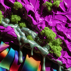 Abstract Mixed Media Artwork Featuring Thick Textured Purple Paint, Green Moss Accents, and Metallic Silver Drips with a Rainbow Ribbon Detail