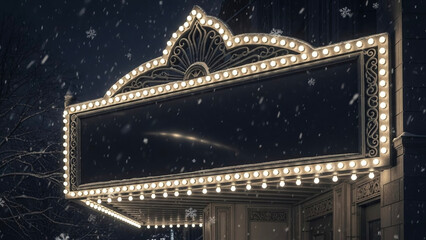 Naklejka premium Classic cinema marquee with blank space under snow at night 