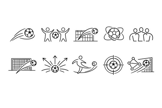 Set of minimalist line soccer icons showing ball motion, scoring goals, passing, teamwork celebration, and targeting shots in sports design