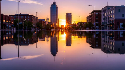 Fototapeta premium Flooded city street reflecting skyscrapers at sunset 