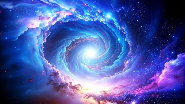 cosmic vortex swirling with brilliant blue and violet nebula clouds, radiating energy and light, surrounded by countless stars in a breathtaking deep-space scene, abstract background with space
