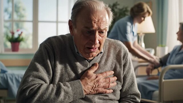 Elderly man experiencing chest pain and shortness of breath in a medical care facility setting, concern