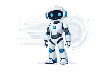 Fototapeta premium Friendly futuristic humanoid robot assistant standing in a clean technology interface background, white and blue android character illustration