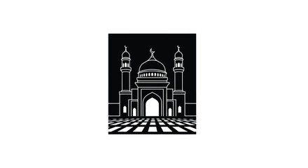 Mosque entrance with dome and minarets in minimalist black and white illustration style © Shofikul Stock
