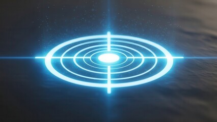 A vibrant, futuristic, and abstract digital target symbol, meticulously rendered in bright neon blue light, centrally radiating with intense glowing energy and ethereal particle effects, casting a