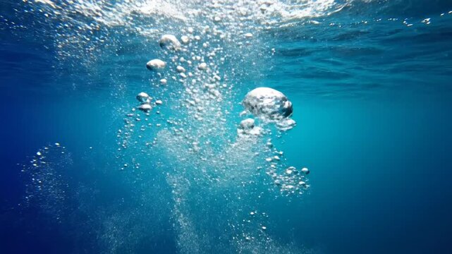 Underwater Bubbles Rising in Deep Blue Ocean Water, Aquatic Background, Nature Scene