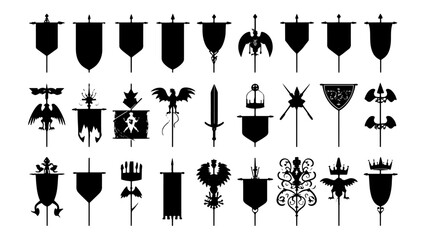 Vector set of silhouettes of banners, flags, heraldic symbols in medieval style