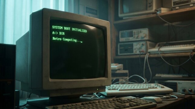 Old computer monitor showing green system boot message. Retro computing concept for vintage technology and nostalgia themes, historical tech