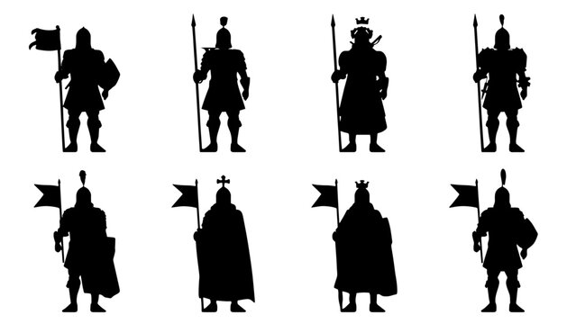 Vector set of silhouettes of knights in medieval style
