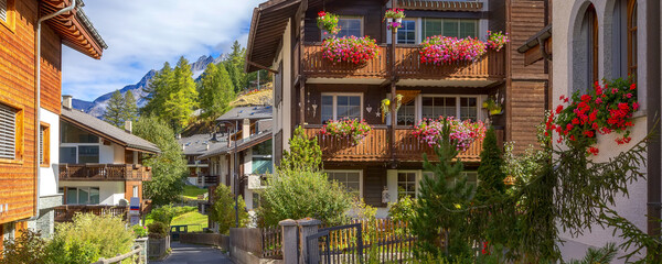 Fototapeta premium Houses in Zermatt alpine village, Switzerland
