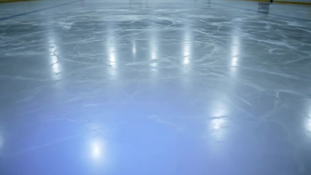 Ice rink showing a smooth, cold, frozen surface with many visible skate marks, reflecting bright arena lights, suitable for hockey and winter sports activities