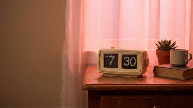 Vintage flip clock showing 7:30 am on a bedside table with a succulent plant and book, evoking a warm retro morning glow