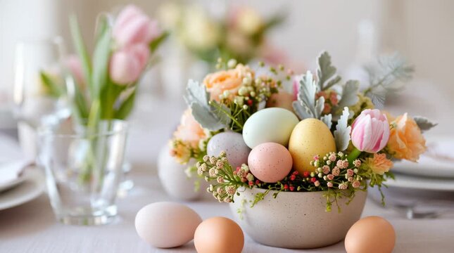 Easter table decoration. Centerpiece with pastel eggs and spring flowers. Holiday brunch table setting.